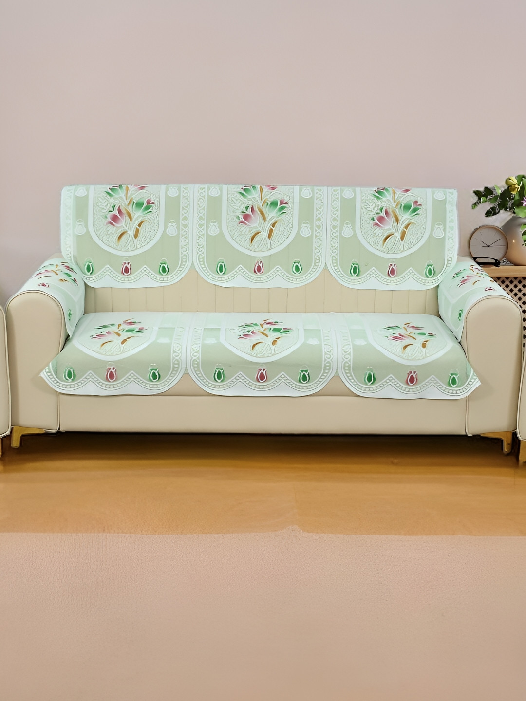 BIGGER FISH Green 2 Pieces Floral Printed Cotton 3 Seater Sofa Covers With Arms