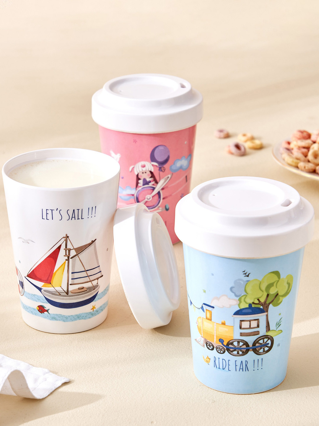 Home Centre slate Blue Printed Melamine Tumbler With Lid 300ml