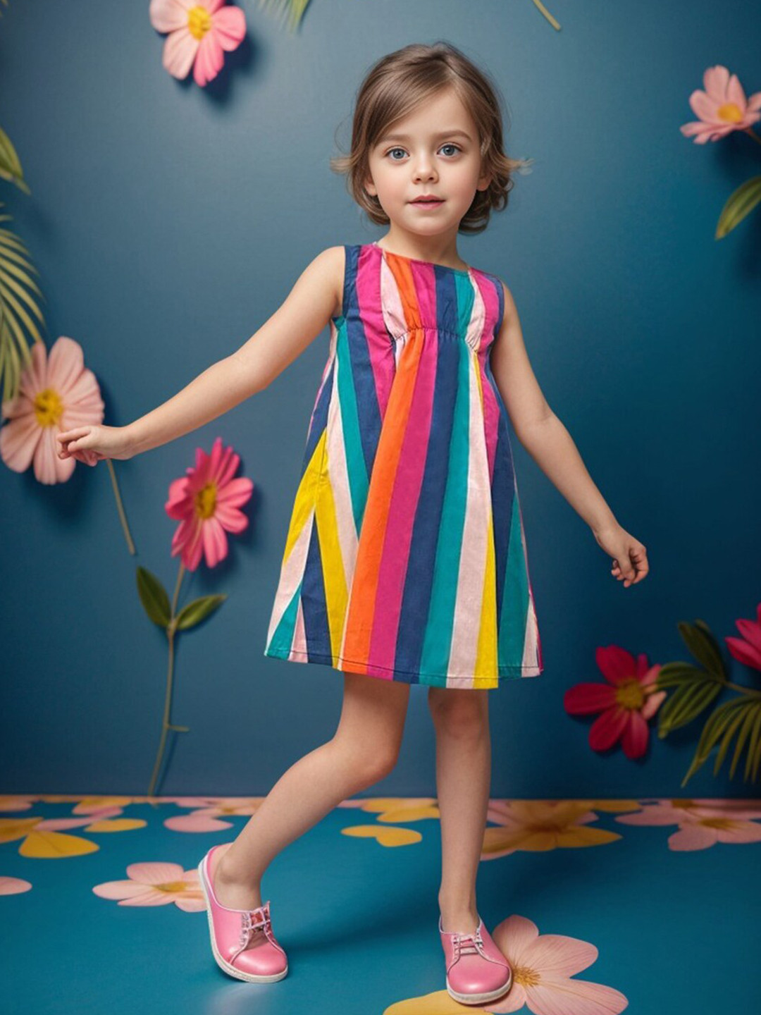 A.T.U.N. Girls Rainbow Striped Print Sleeveless A-Line Dress