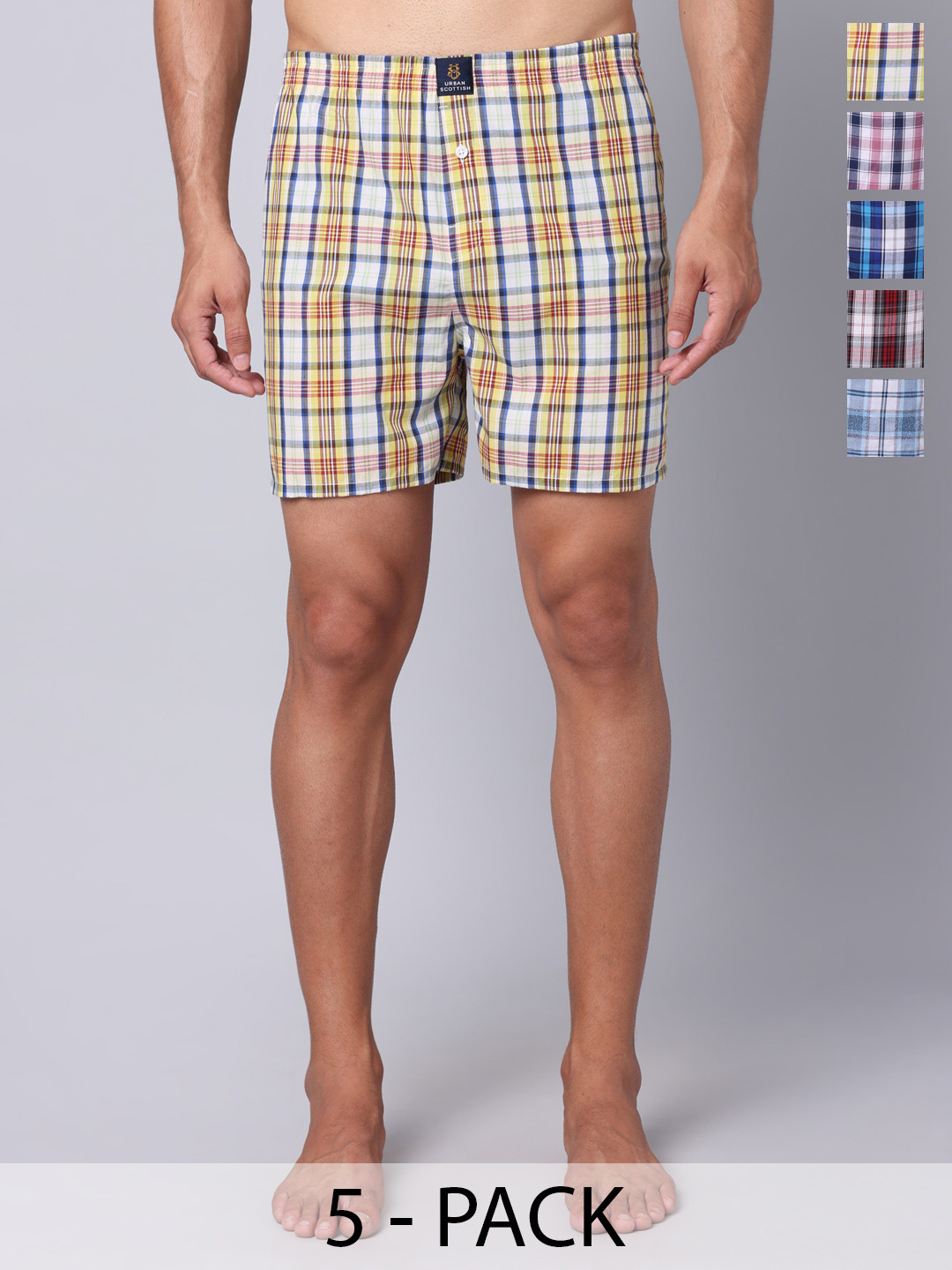 URBAN SCOTTISH Men Pack of 5 Cotton Checked Boxers USBX501