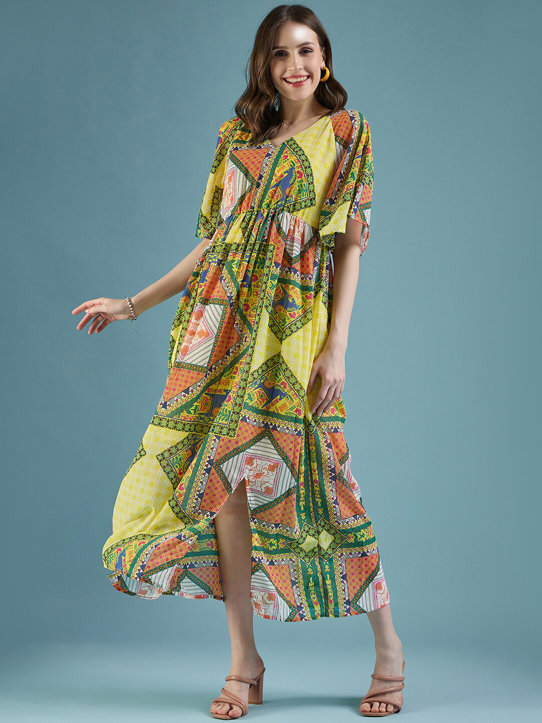 DressBerry Yellow Abstract Printed Round Neck Georgette Maxi Dress