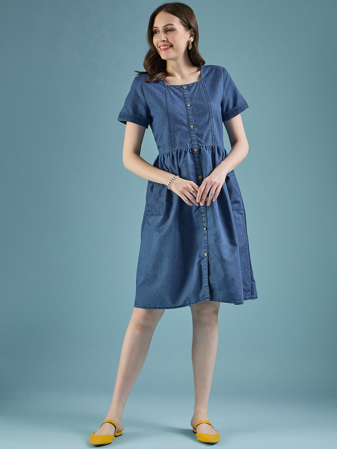 DressBerry Square Neck Denim Fit & Flare Dress