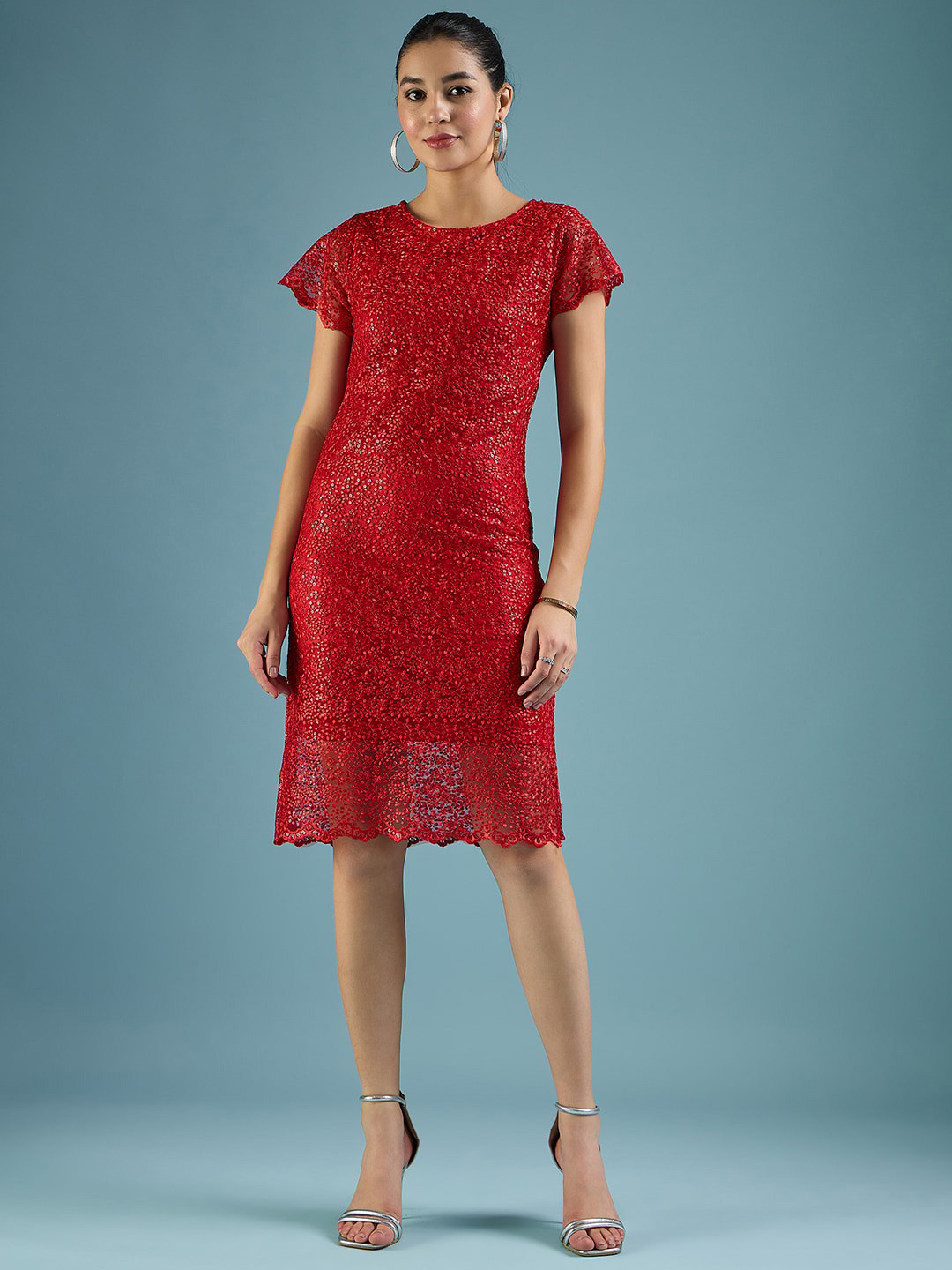 DressBerry Red Self Design Round Neck Embroidered Net Sheath Dress