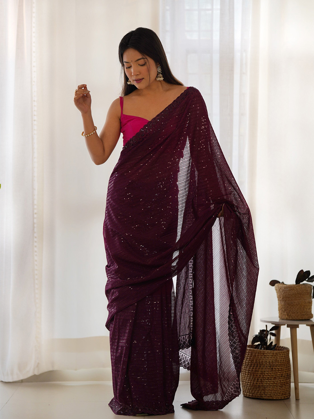 RV CREATION Embellished Sequinned Poly Georgette Saree