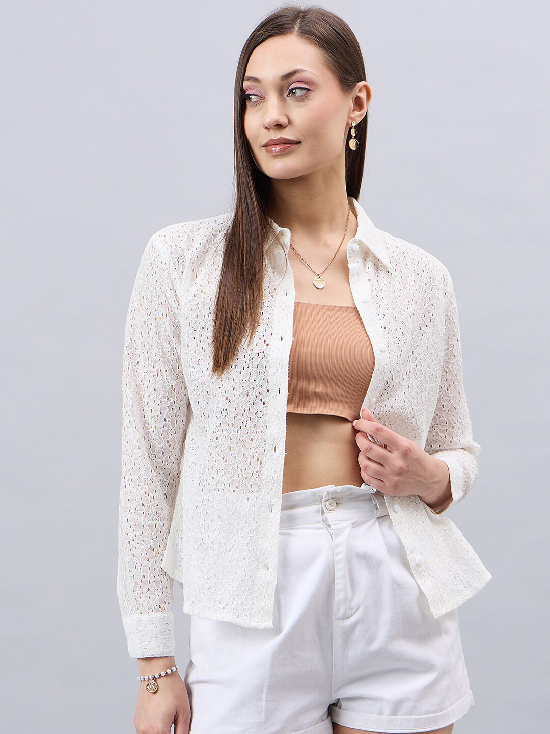 Style Quotient White Smart Sheer Cotton Casual Shirt