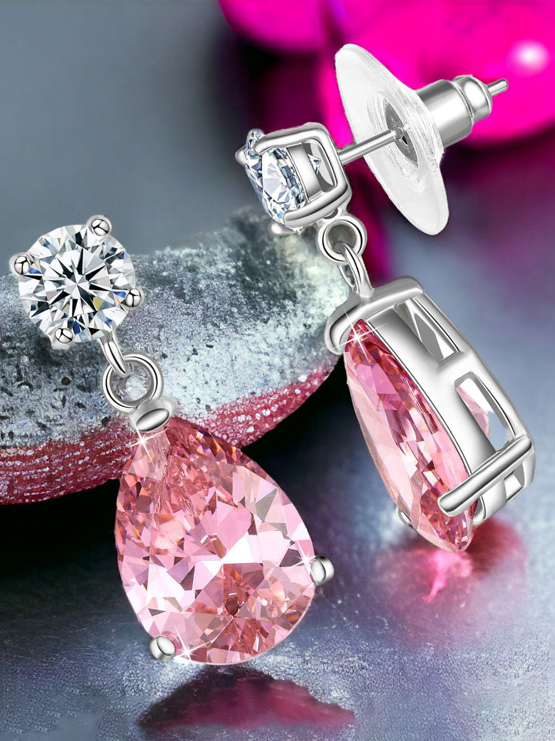 Okos Rhodium-Plated Crystals Studded Contemporary Drop Earrings