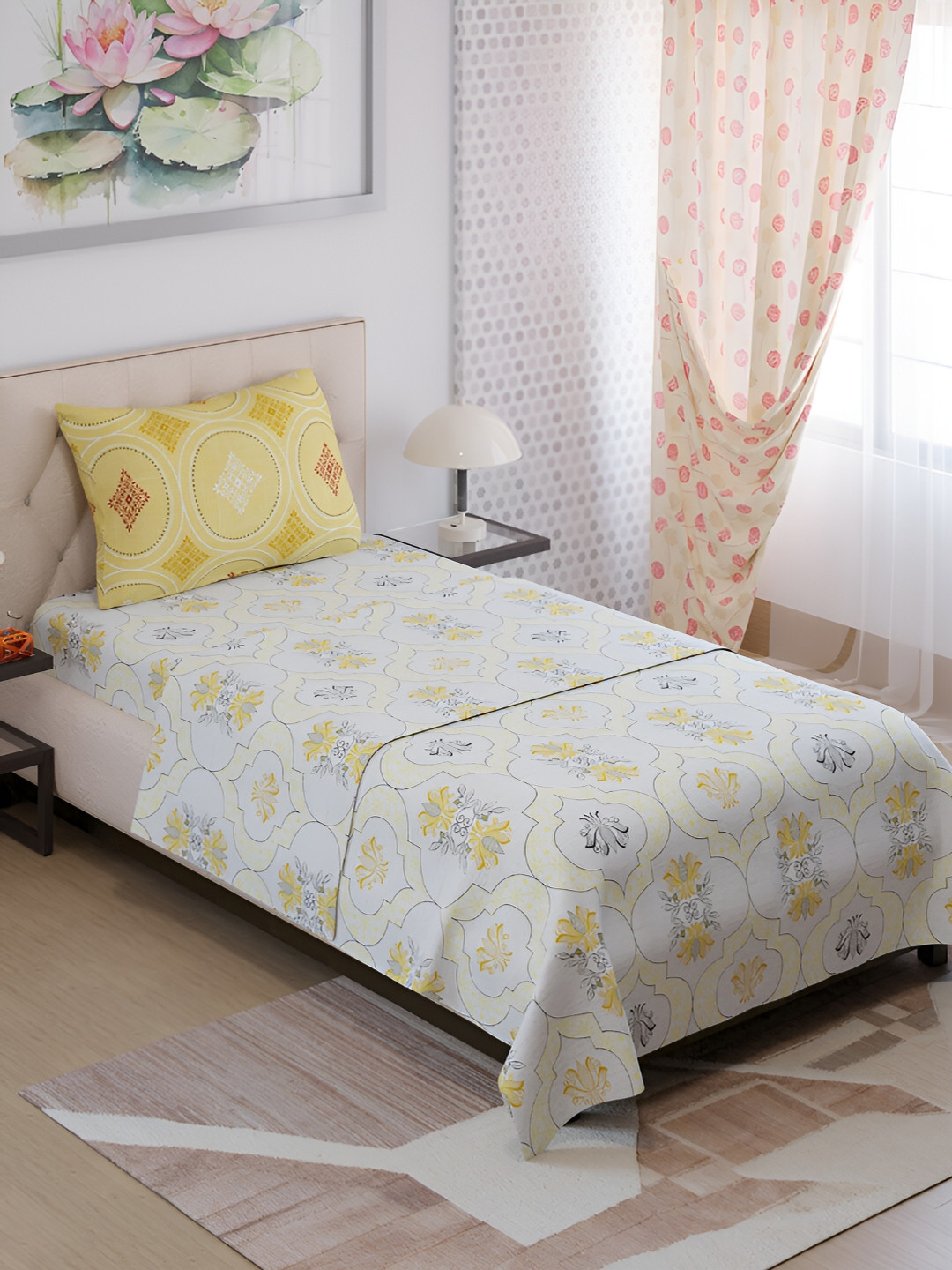 Color Sense Ivy White & Yellow Ethnic Motifs Single Bedsheet with 1 Pillow Cover