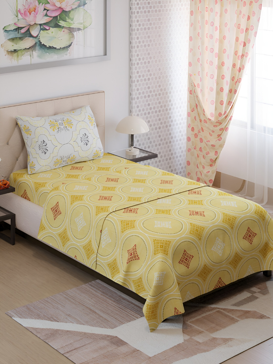 Color Sense Ivy Yellow & Red Ethnic Motifs Single Bedsheet with 1 Pillow Cover