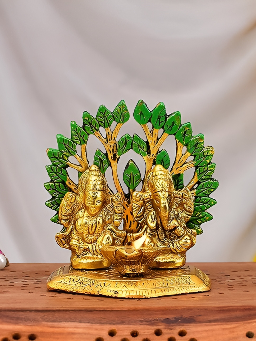 Aura Diya Lakshmi Ganesha Gold Aluminium Metallic Prayer Room Tiny Showpiece - 4 Inches