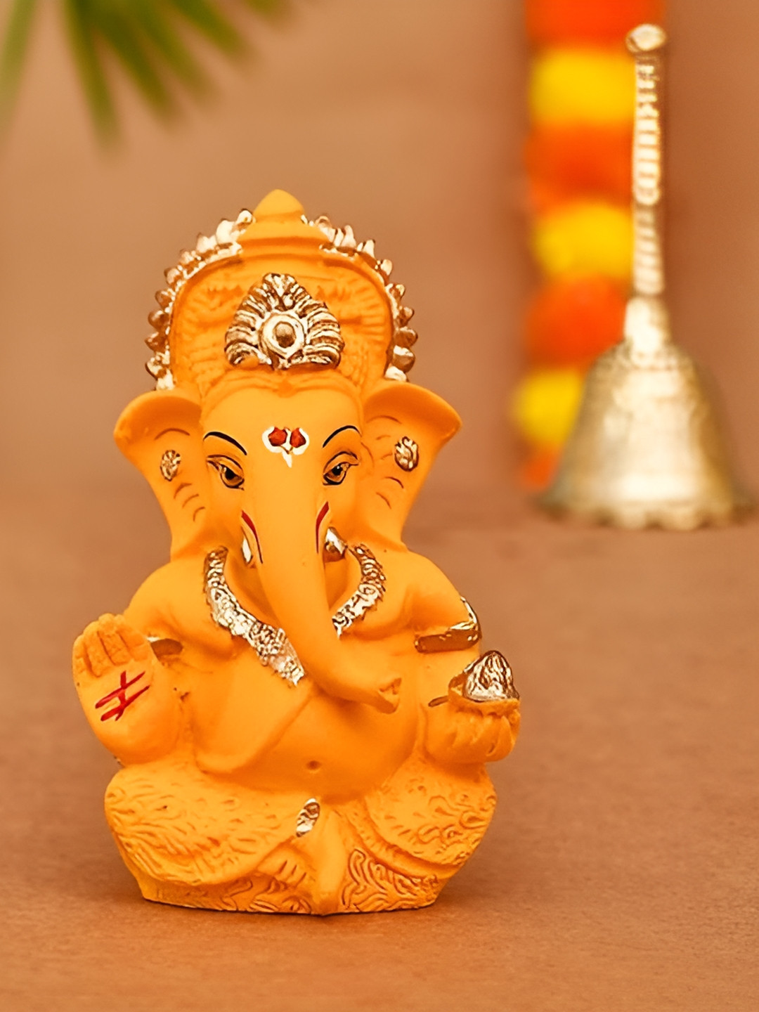 Aura Ganesh Orange Ceramic Matte Prayer Room Tiny Showpiece - 1.2 Inches