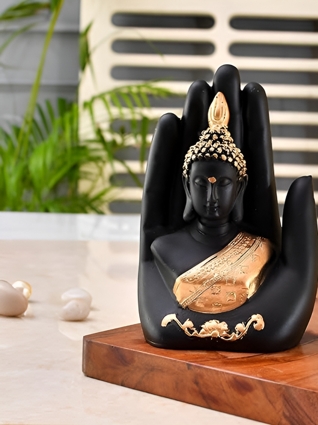Aura Palm Buddha Black Polyresin Glossy Home Office Small Showpiece - 2.4 Inches