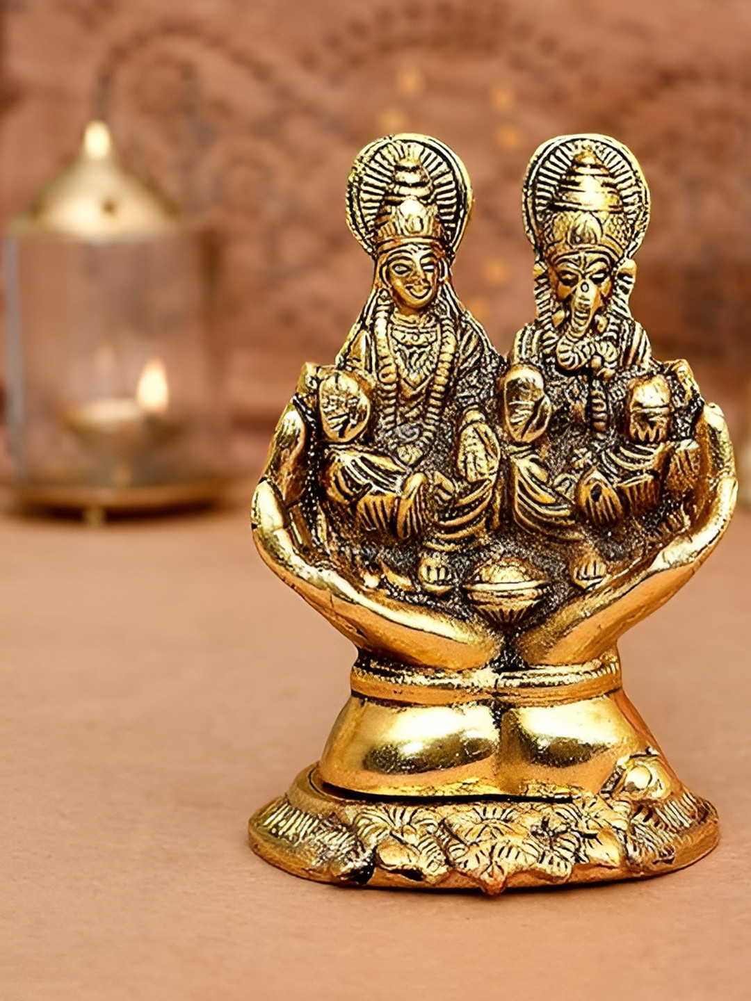 Aura Palm Ganesha Lakshami Gold Metal Metallic Prayer Room Small Showpiece - 7 Inches