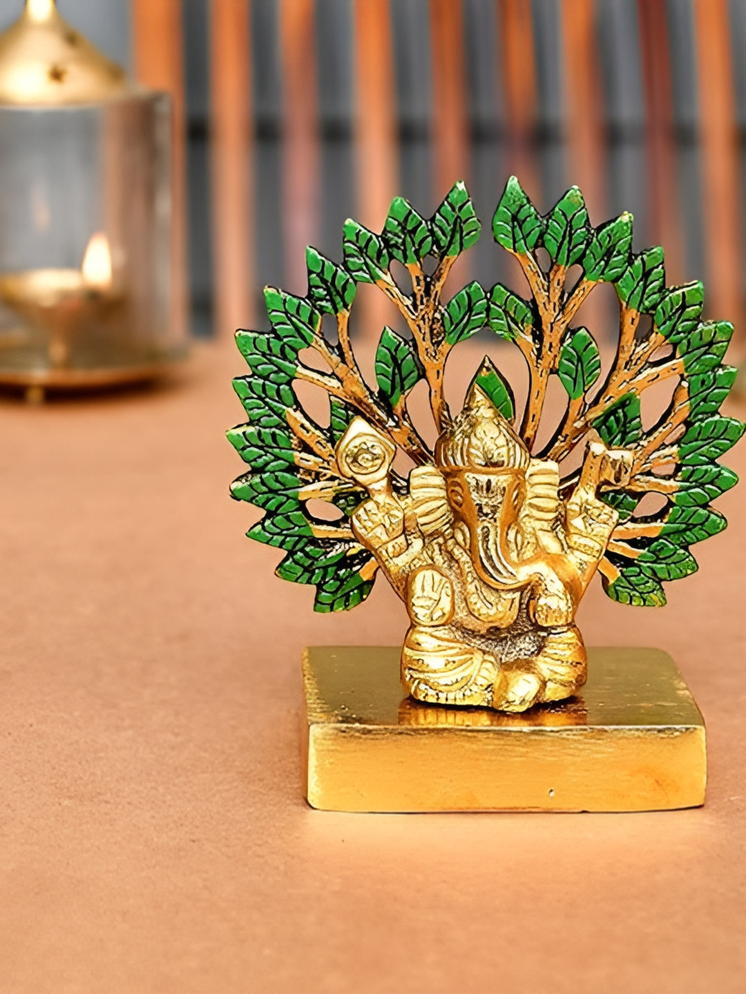 Aura Ganesha Under Tree Gold Metal Metallic Prayer Room Tiny Showpiece - 4.3 Inches