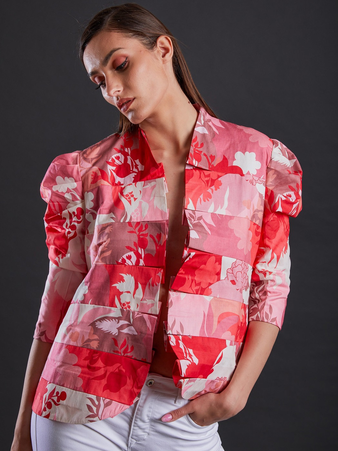 FUGA Women Floral Printed Shawl Collar Open Front Jacket