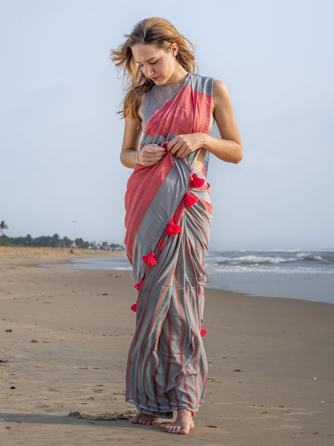 I LOVE SAREES Striped Cotton Blend Saree