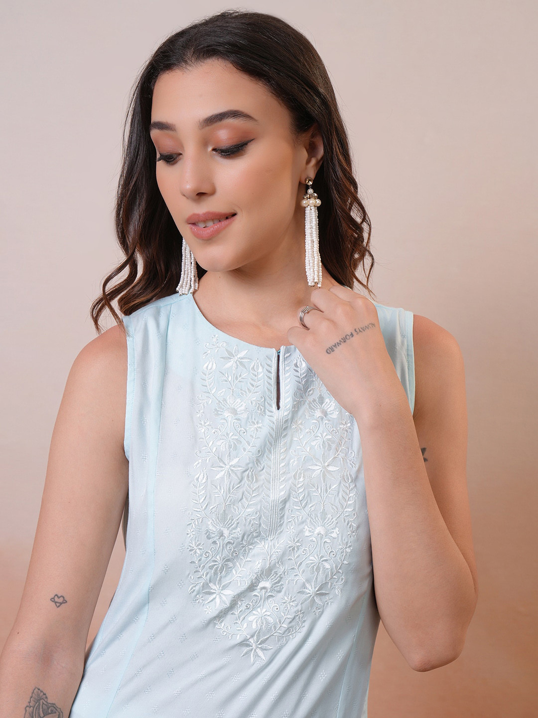 Vishudh Blue Floral Embroidered Keyhole Neck Sleeveless  Thread Work A-Line Kurta