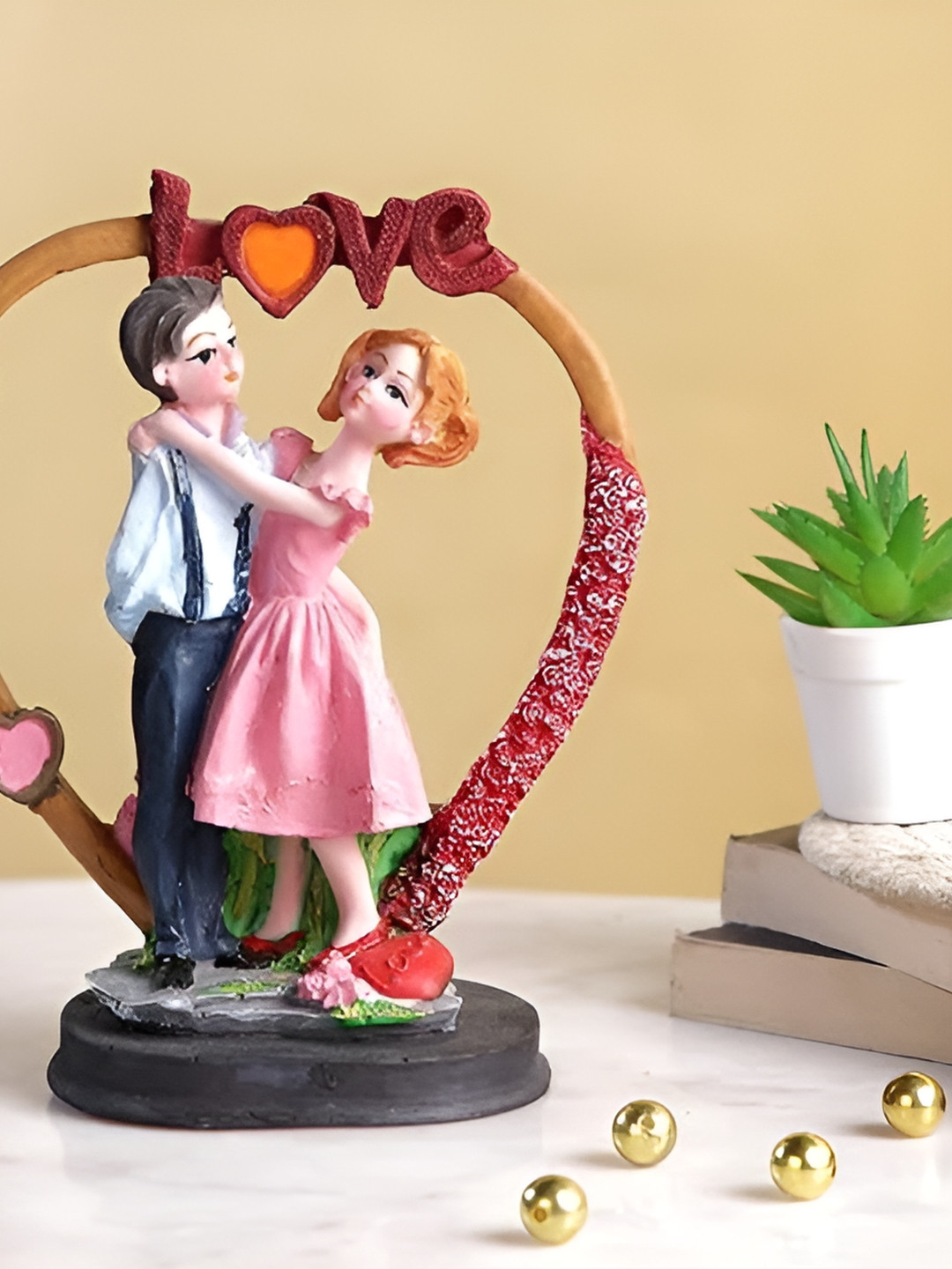 Aura Couple on Heart Pink Polyresin Matte Home Office Small Showpiece - 7 Inches