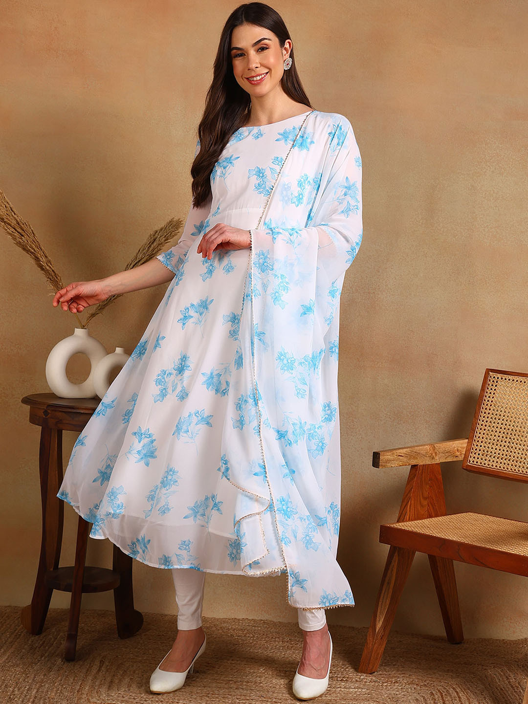 DSK STUDIO Floral Printed Boat Neck Three-Quarter Sleeves Anarkali Kurta with Dupatta