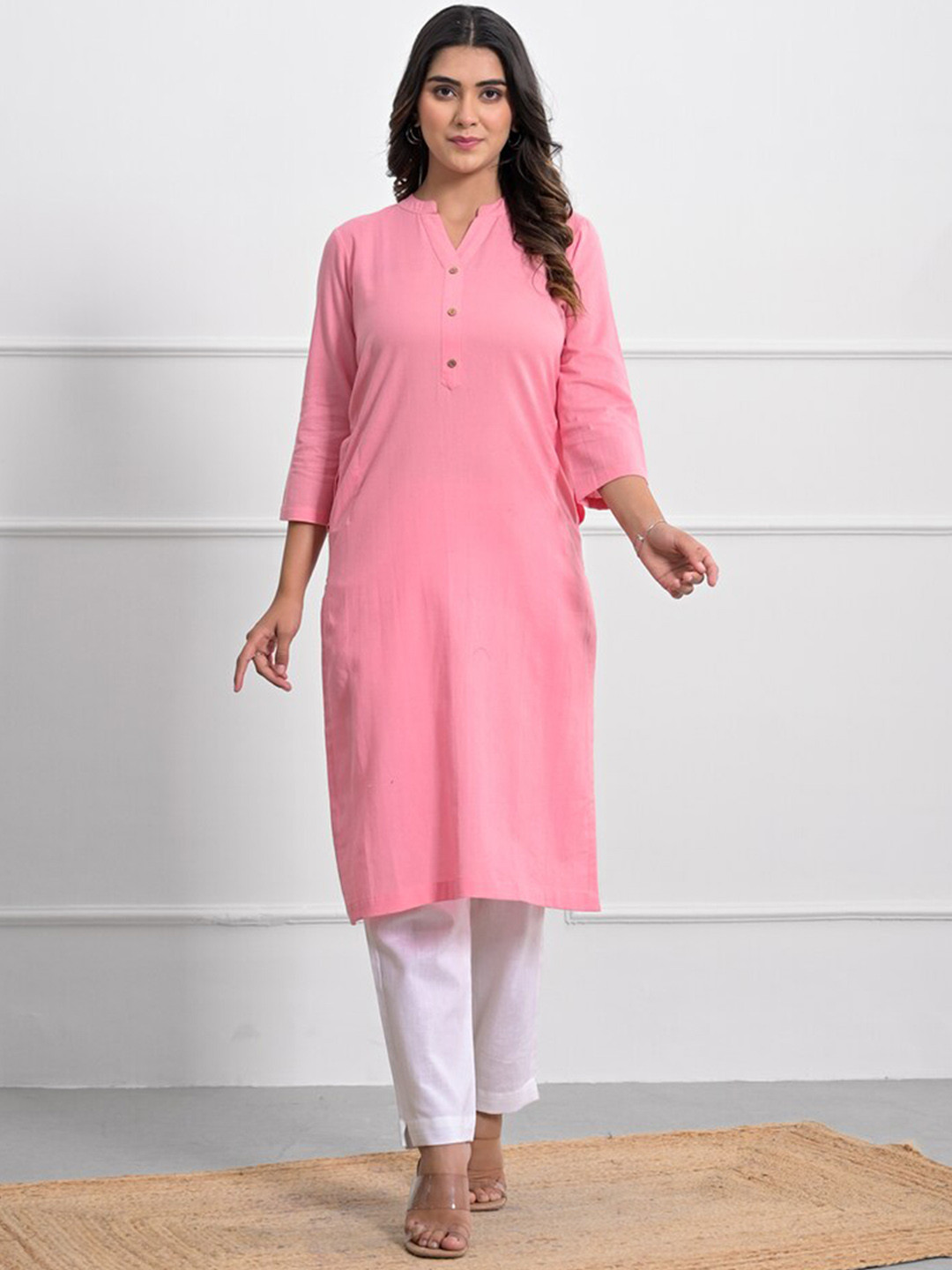 Jaipuri Adaah Mandarin Collar Calf Length Cotton Straight Kurta