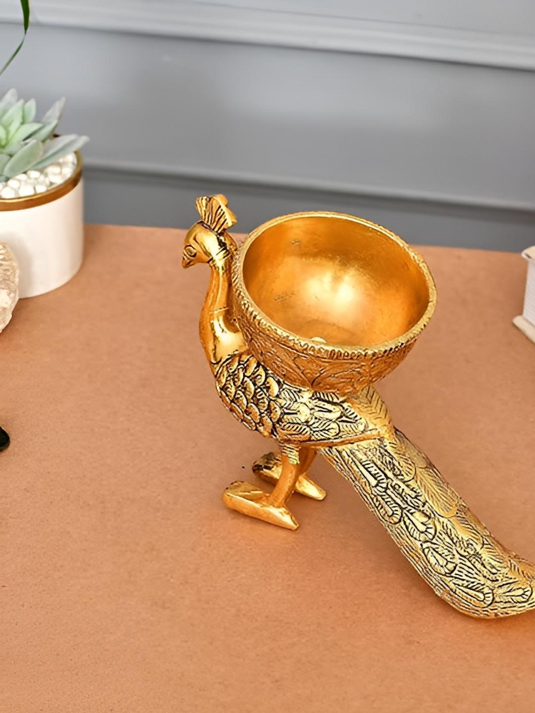 Aura Peacock Gold Metal Metallic Home Office Small Showpiece - 5.1 Inches