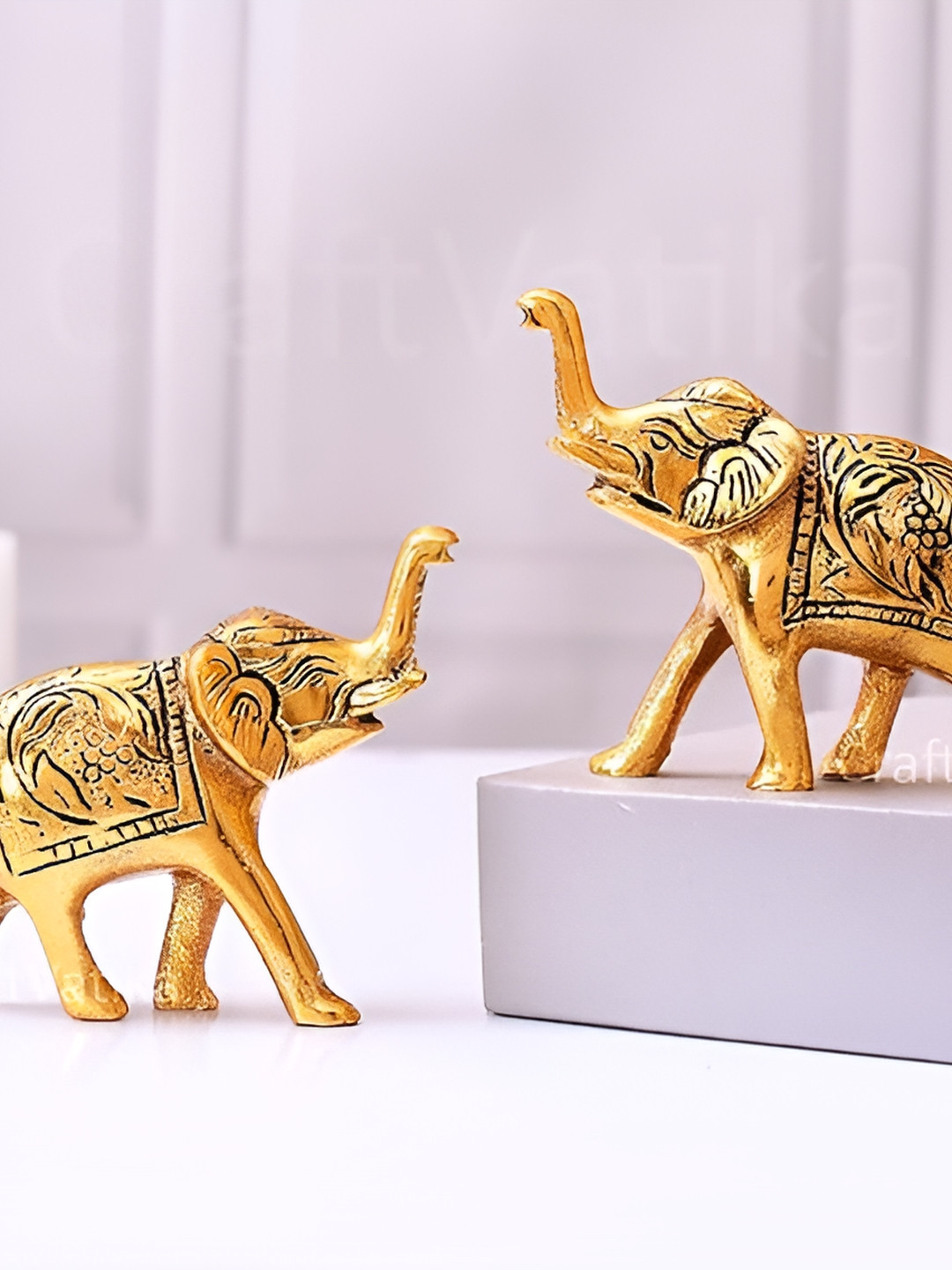 Aura Trunk Up Elephant Gold Metal Metallic Living Room Set of 2 Tiny Showpieces - 3.5 Inches