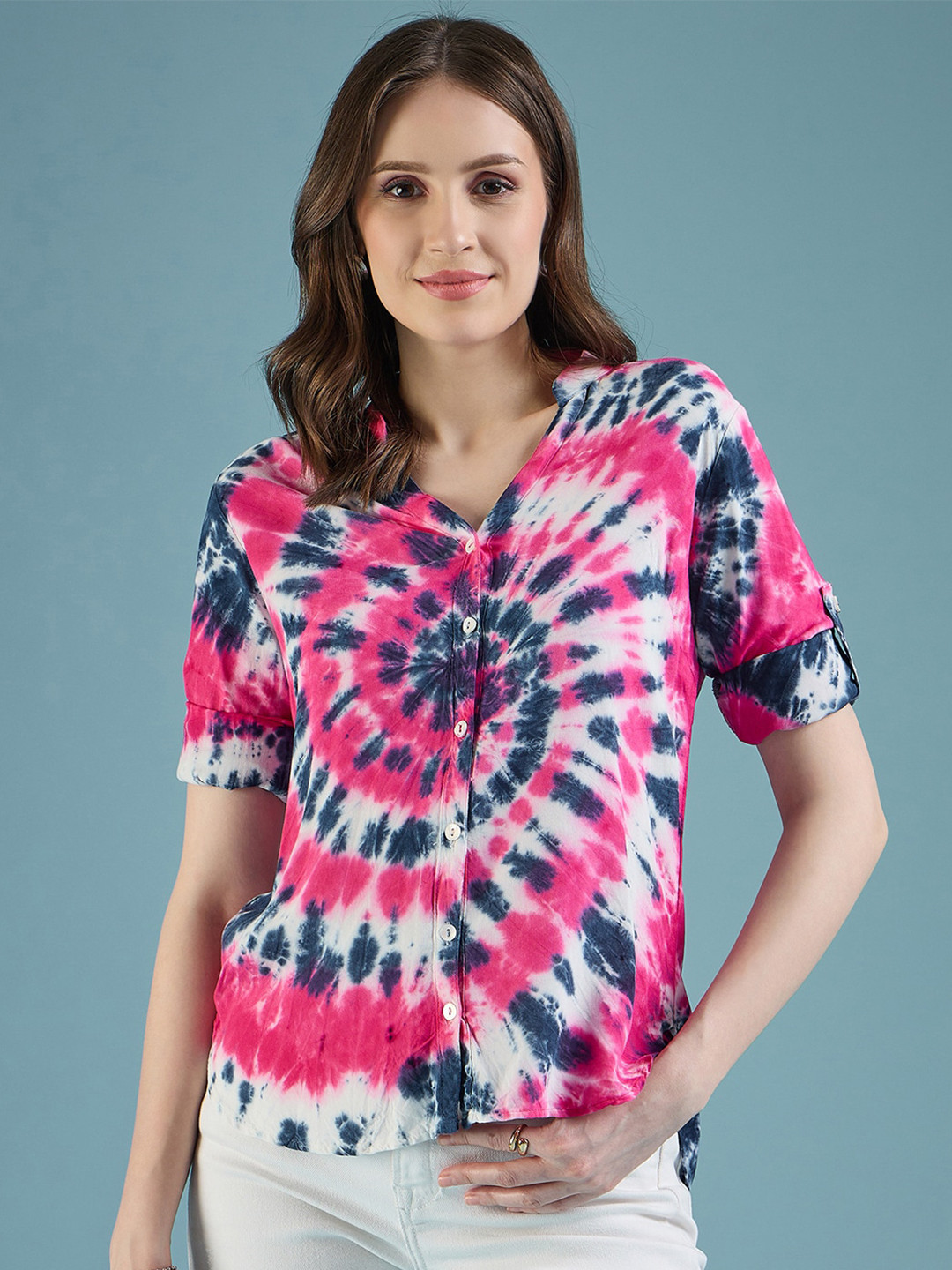 DressBerry Pink Classic Mandarin Collar Printed Casual Shirt