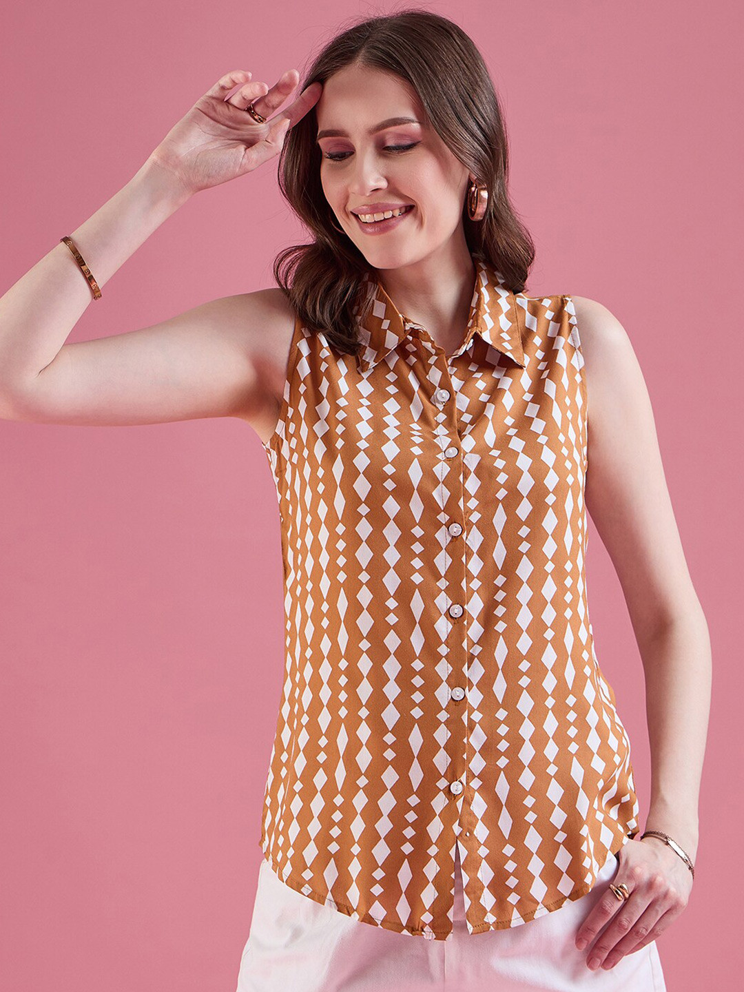 DressBerry Mustard Classic Geometric Printed Casual Shirt