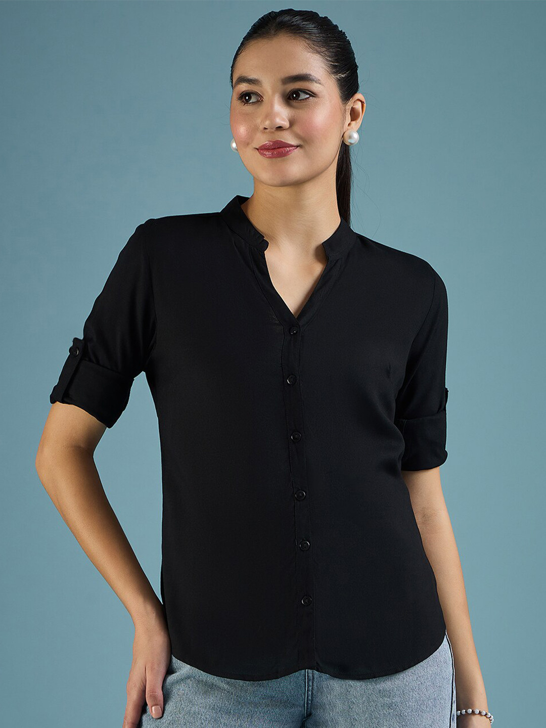 DressBerry Black Classic Mandarin Collar Casual Shirt