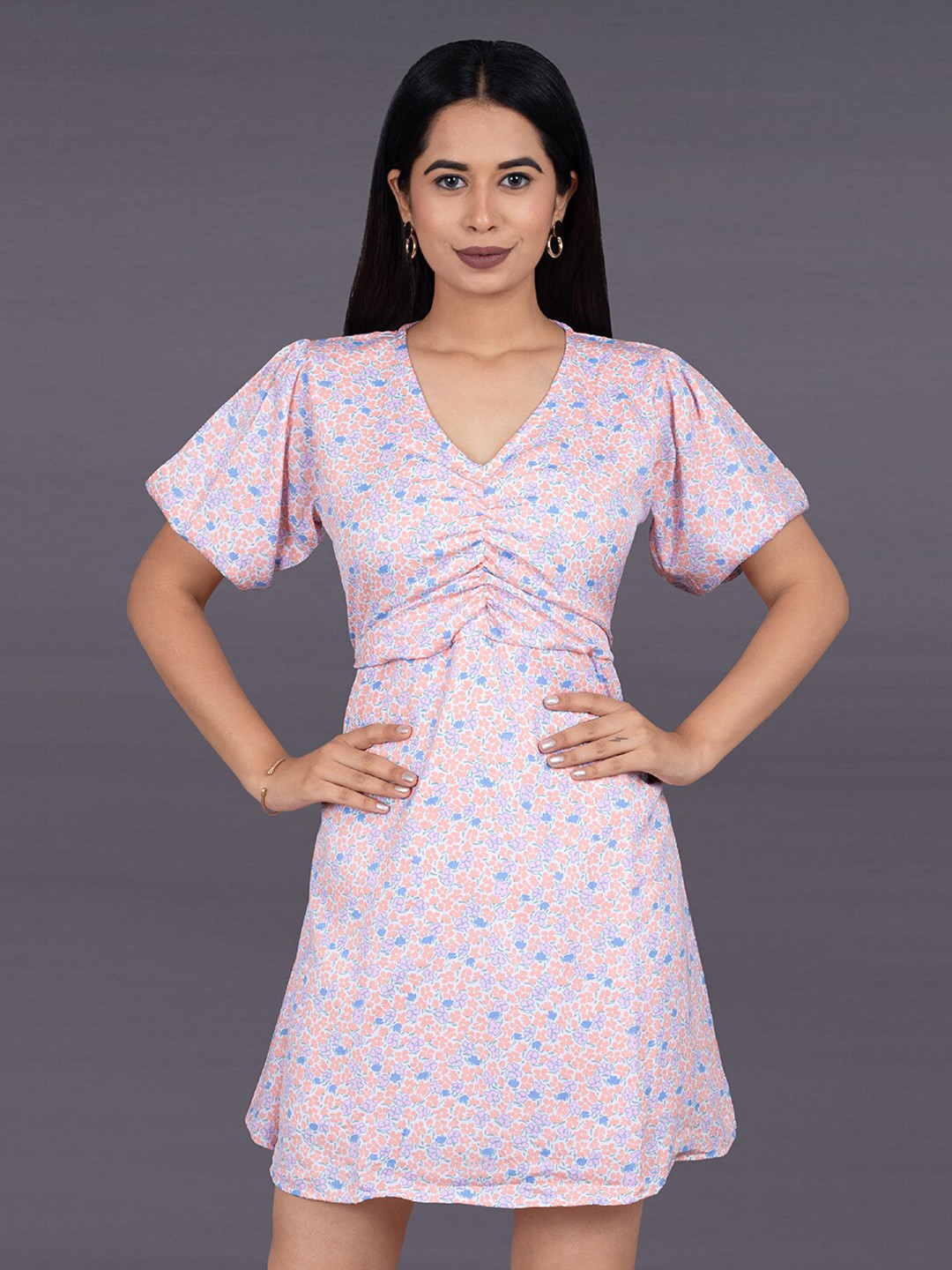 La Aimee Floral Print Flared Sleeve Fit and Flare Mini Dress