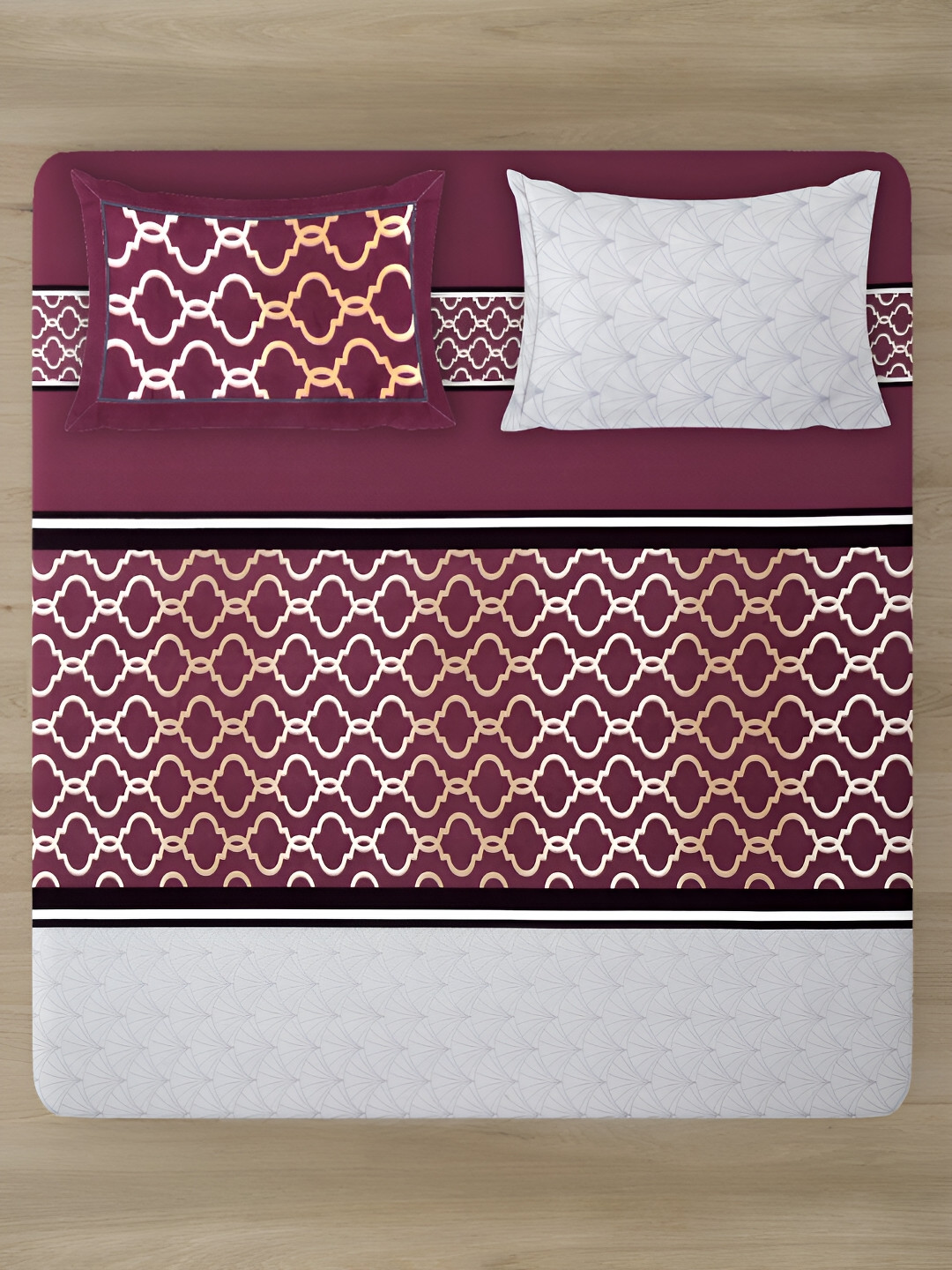Aura Athnic Maroon Geometric Polycotton 144 TC Queen Bedsheet with 2 Pillow Covers-87 x 106 inches