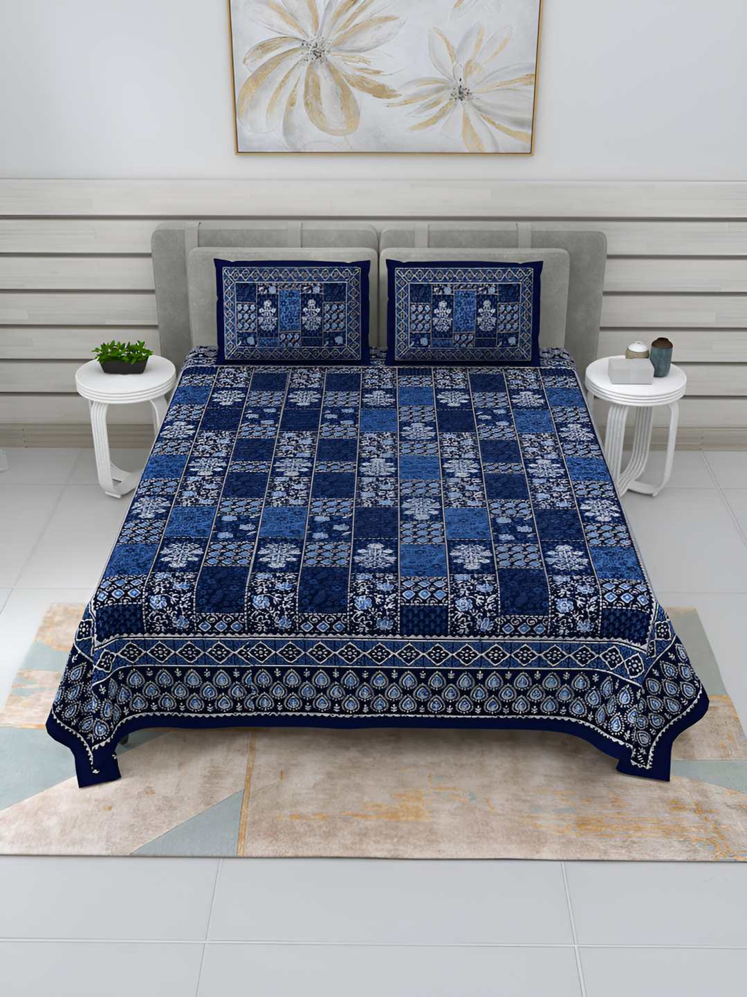 BED-SHEET.COM Jaipuri Blue Ethnic Motifs Cotton 240 TC King Fine Bedsheet with 2 Pillow Covers-107 x 89 inches