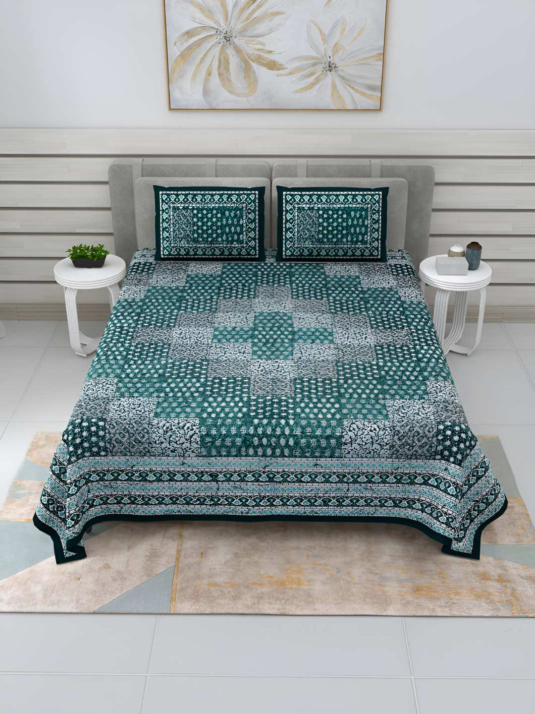 BED-SHEET.COM Green Ethnic Motifs Cotton 240 TC King Fine Bedsheet with 2 Pillow Covers-270 x 220 cm