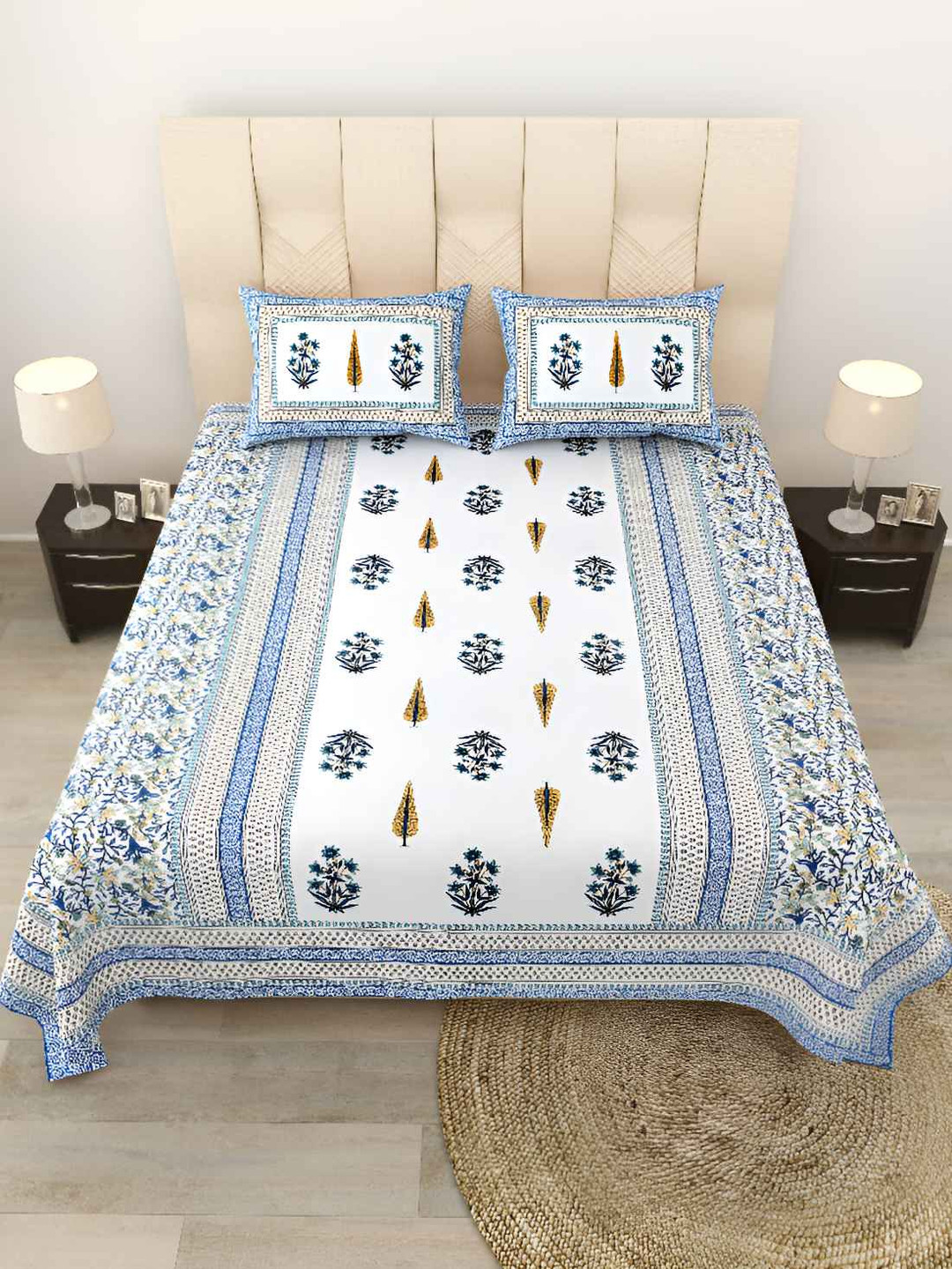 BED-SHEET.COM Serene Symmetry Blue Ethnic Motifs Pure Cotton 180 TC King Fine Bedsheet with 2 Pillow Covers-106 x 87 inches