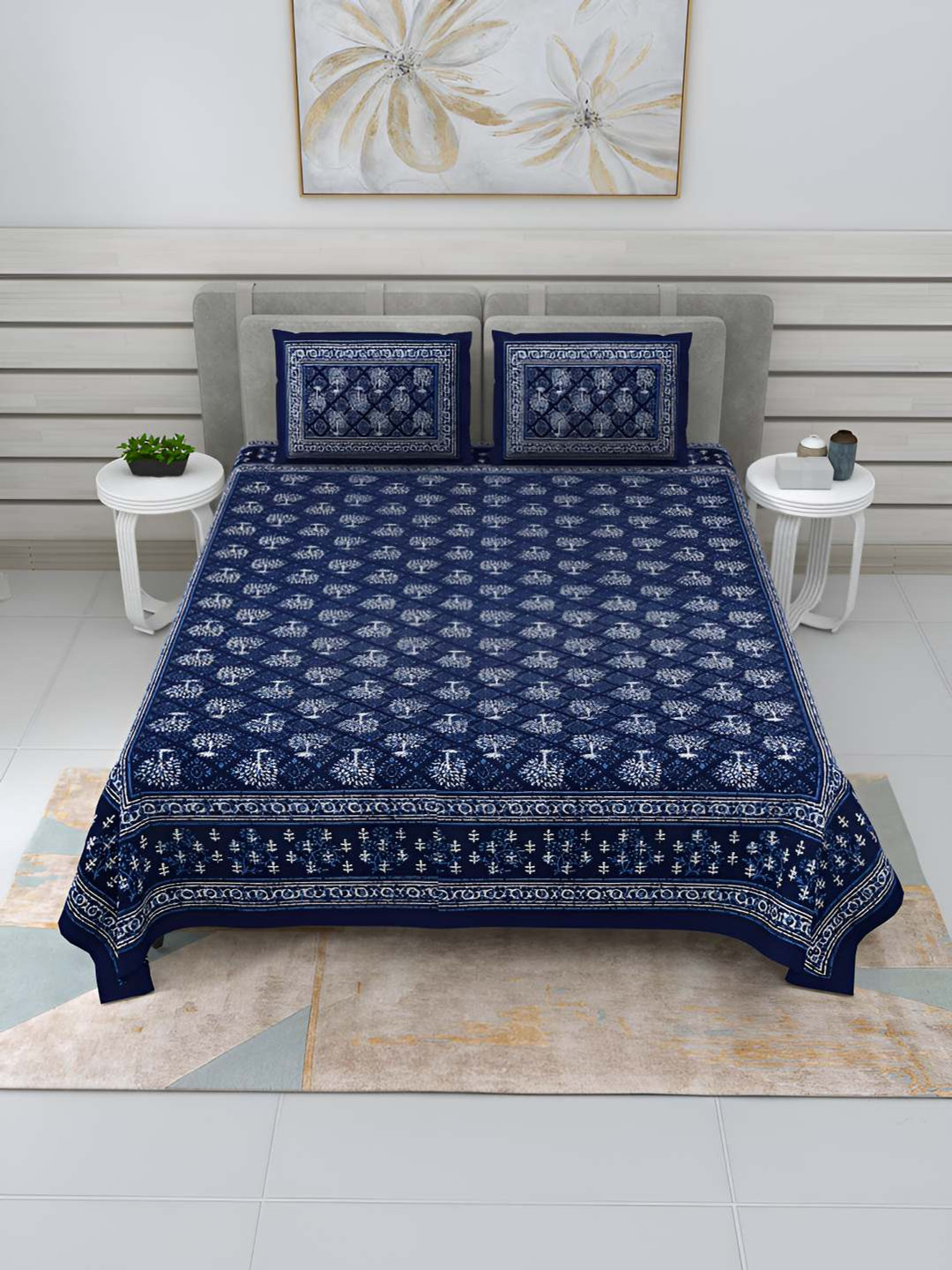BED-SHEET.COM Blue Ethnic Motifs Cotton 240 TC King Fine Bedsheet with 2 Pillow Covers-272 x 225 cm