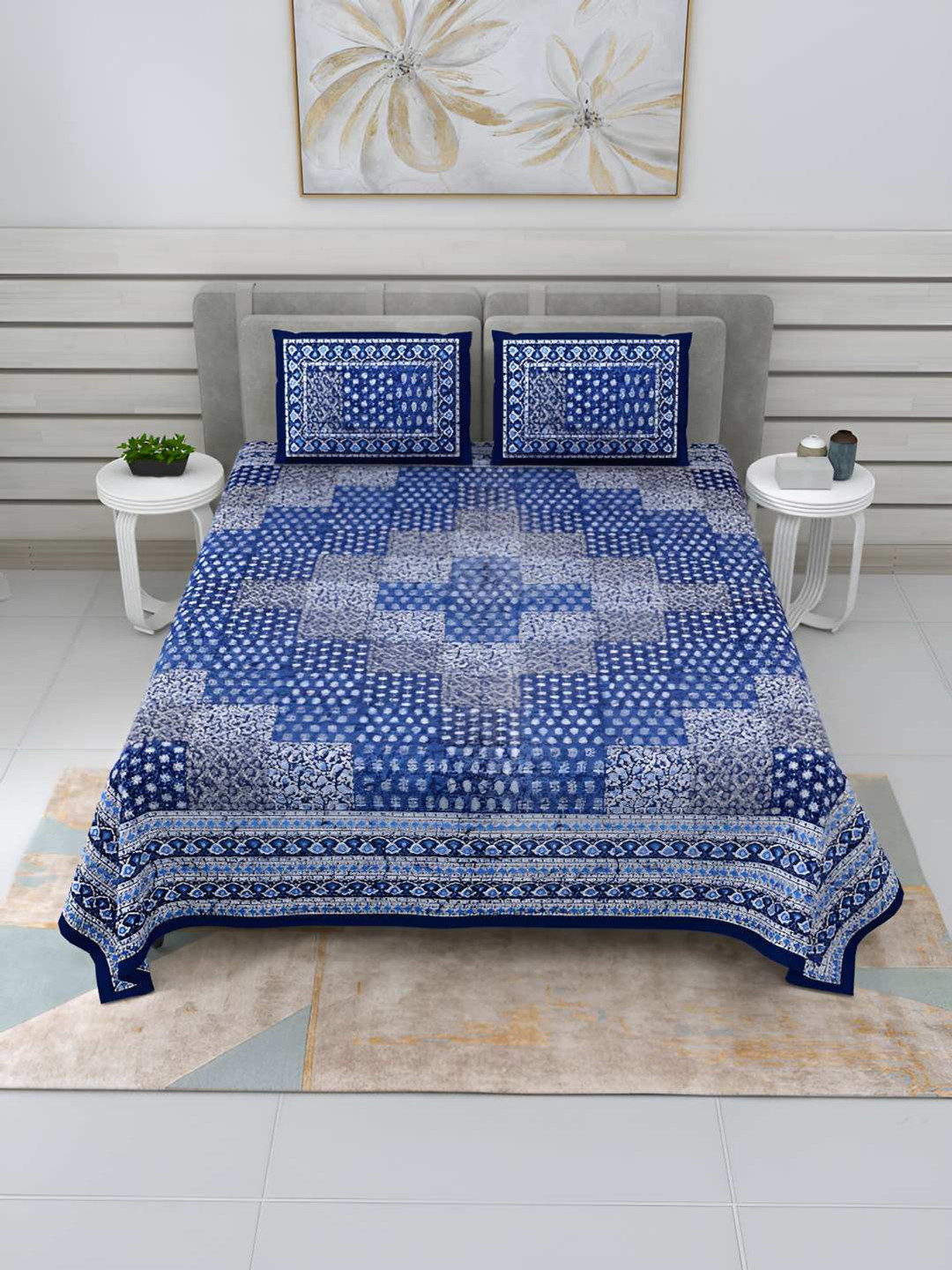 BED-SHEET.COM Cubicals Dabu Blue Ethnic Motifs Cotton 240 TC King Fine Bedsheet with 2 Pillow Covers-107 x 89 inches