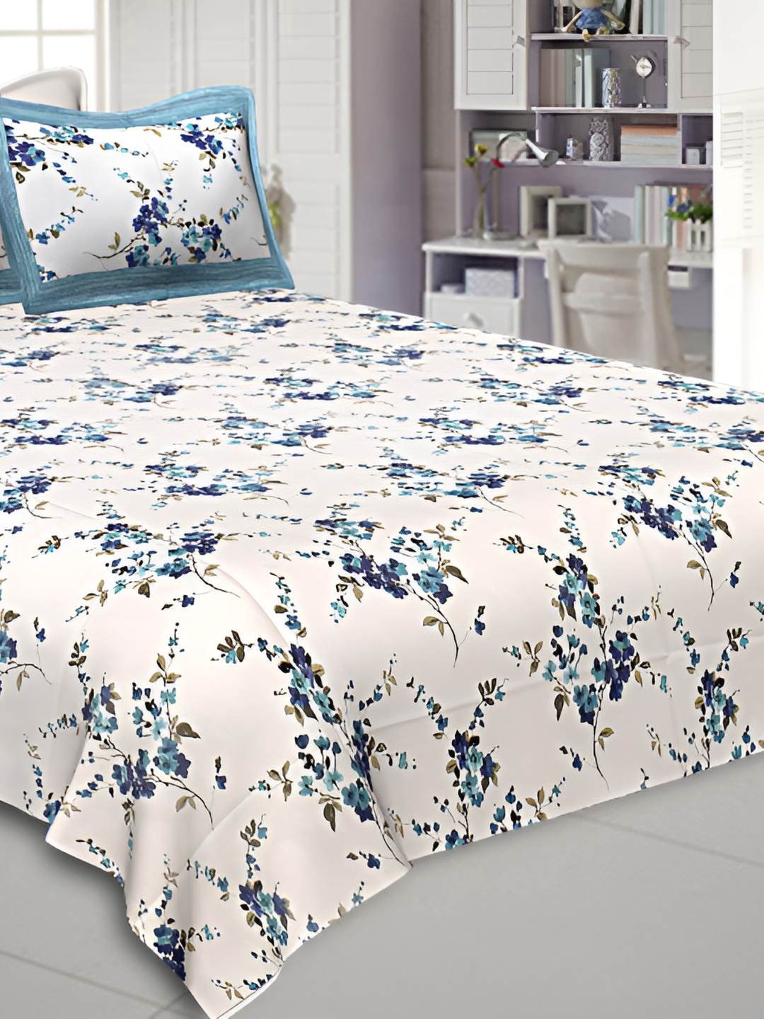 BED-SHEET.COM Ruby White Floral Cotton 240 TC King Fine Bedsheet with 2 Pillow Covers-250 x 220 cm