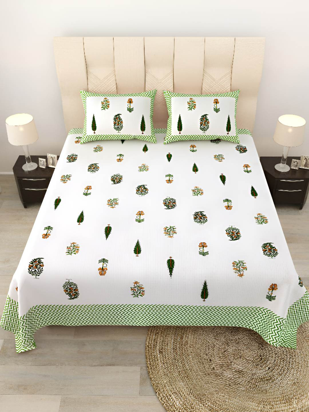 BED-SHEET.COM Green Ethnic Motifs Cotton 180 TC King Fine Bedsheet with 2 Pillow Covers-107 x 89 inches