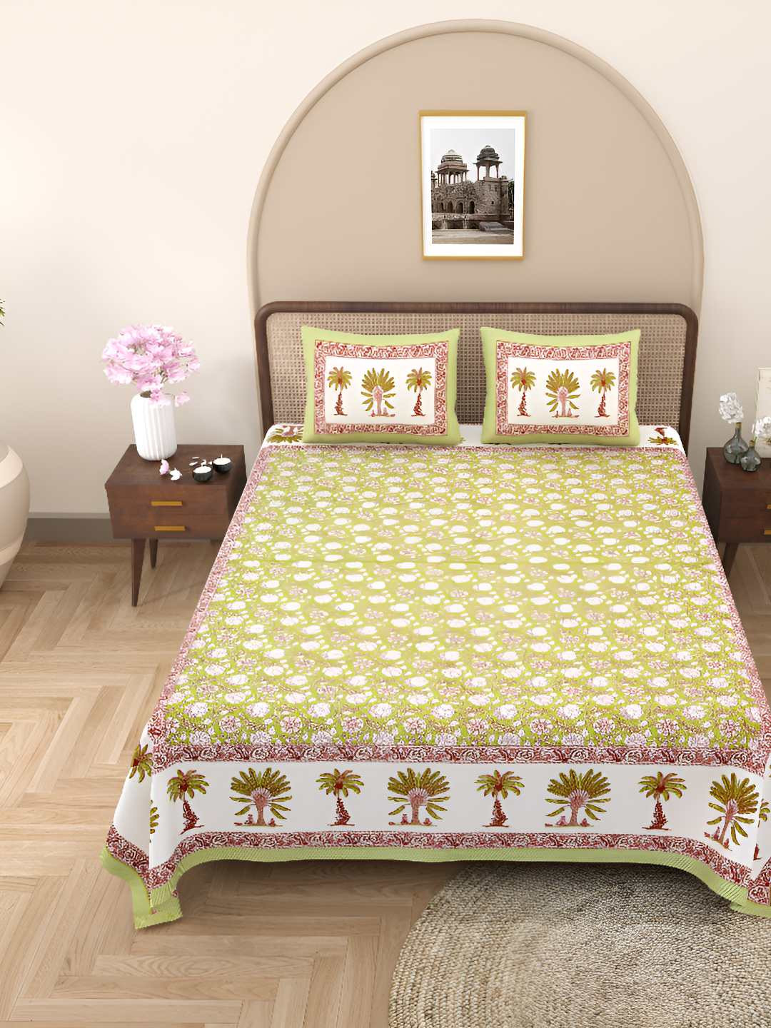 BED-SHEET.COM Green Ethnic Motifs Pure Cotton 180 TC King Fine Bedsheet with 2 Pillow Covers-270 x 220 cm