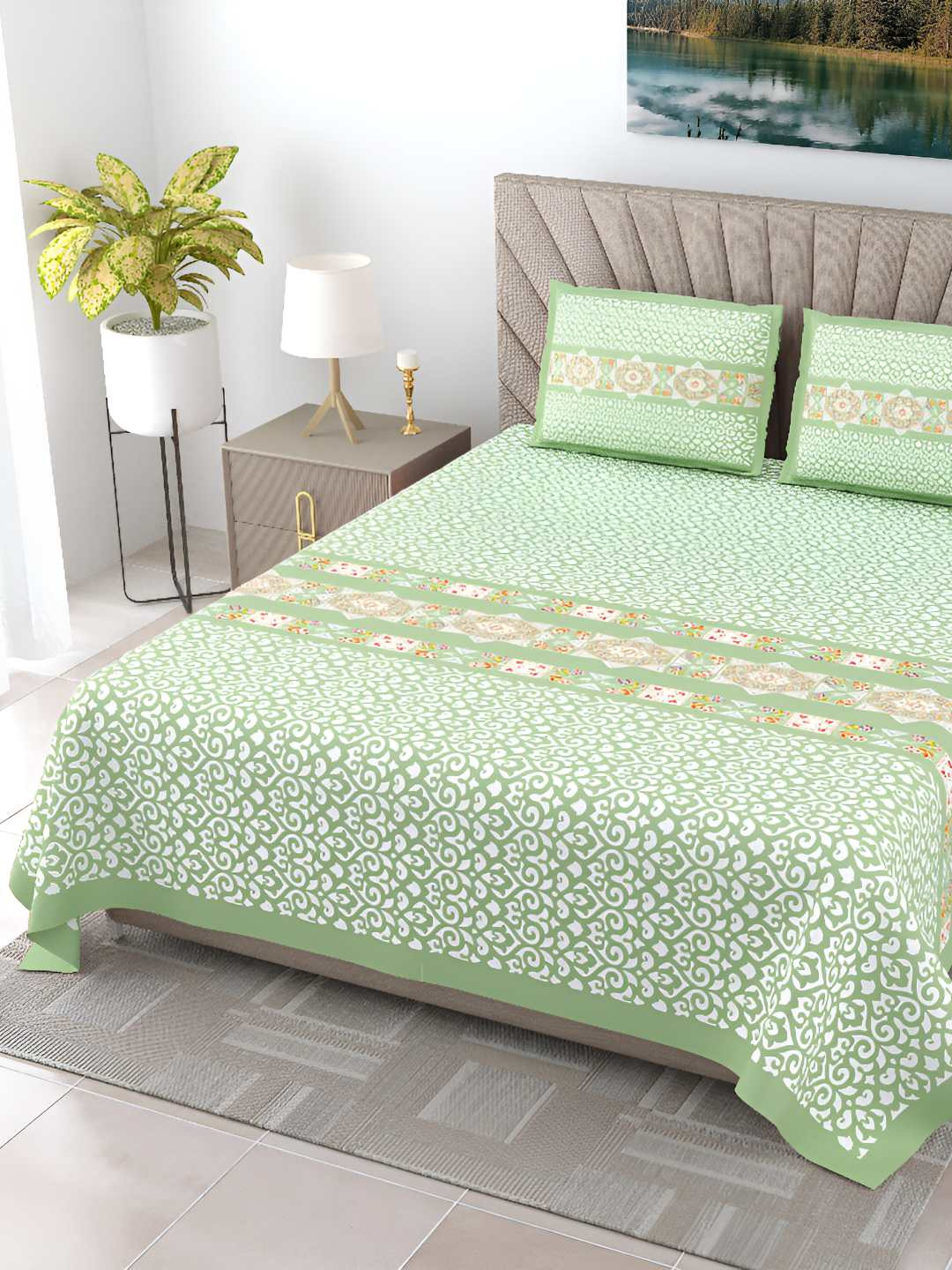 BED-SHEET.COM Ethnic Green Ethnic Motifs Pure Cotton 240 TC King Fine Bedsheet with 2 Pillow Covers-107 x 89 inches
