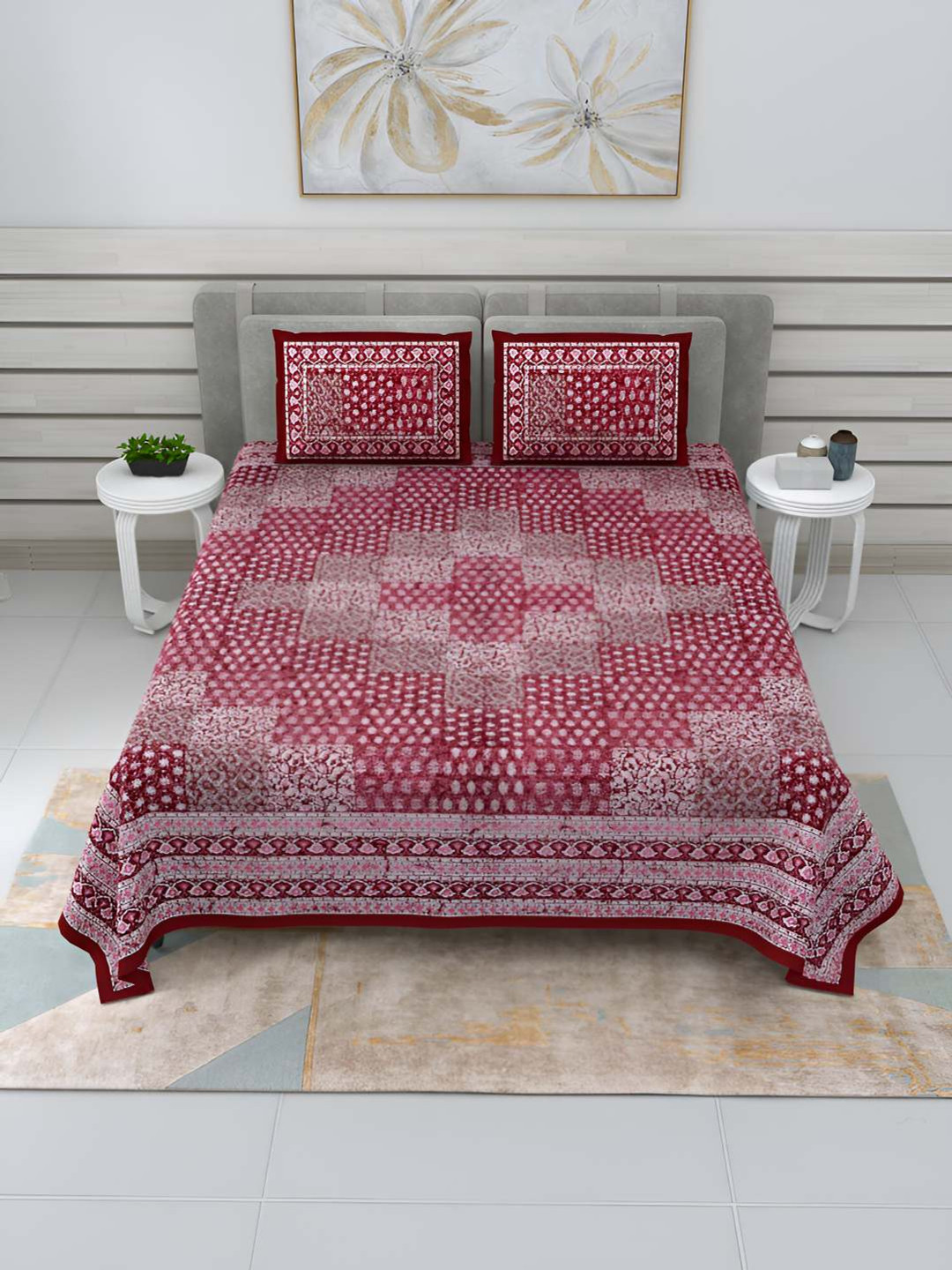 BED-SHEET.COM Jaipuri Maroon Ethnic Motifs Cotton 240 TC King Fine Bedsheet with 2 Pillow Covers-107 x 89 inches