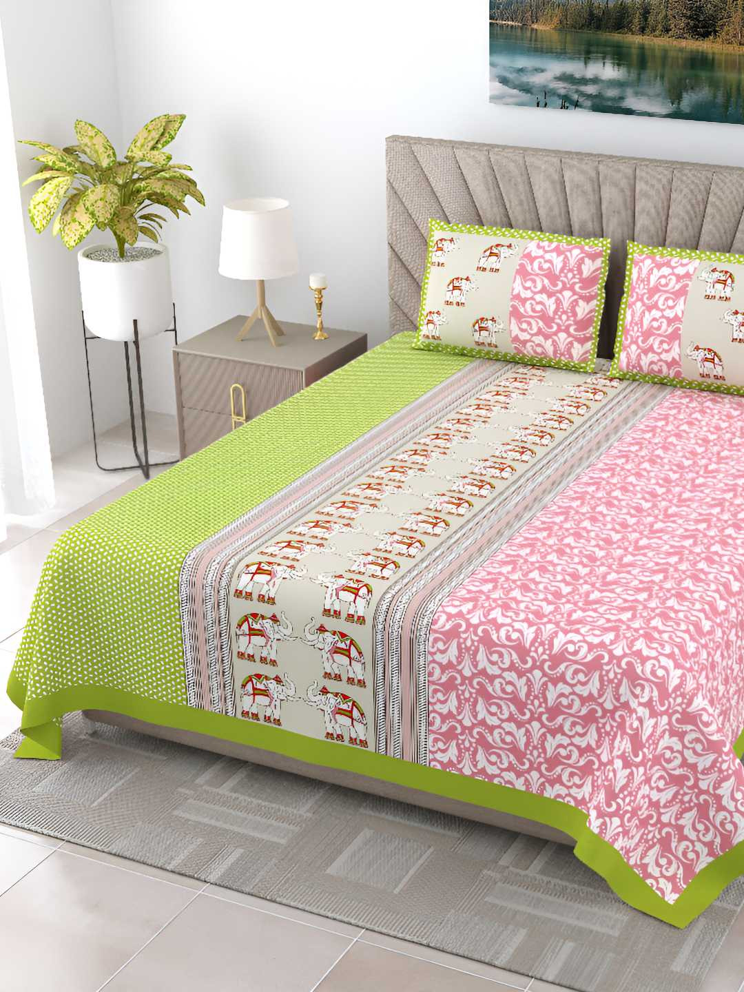 BED-SHEET.COM Pink Graphic Cotton 240 TC King Fine Bedsheet with 2 Pillow Covers-107 x 89 inches