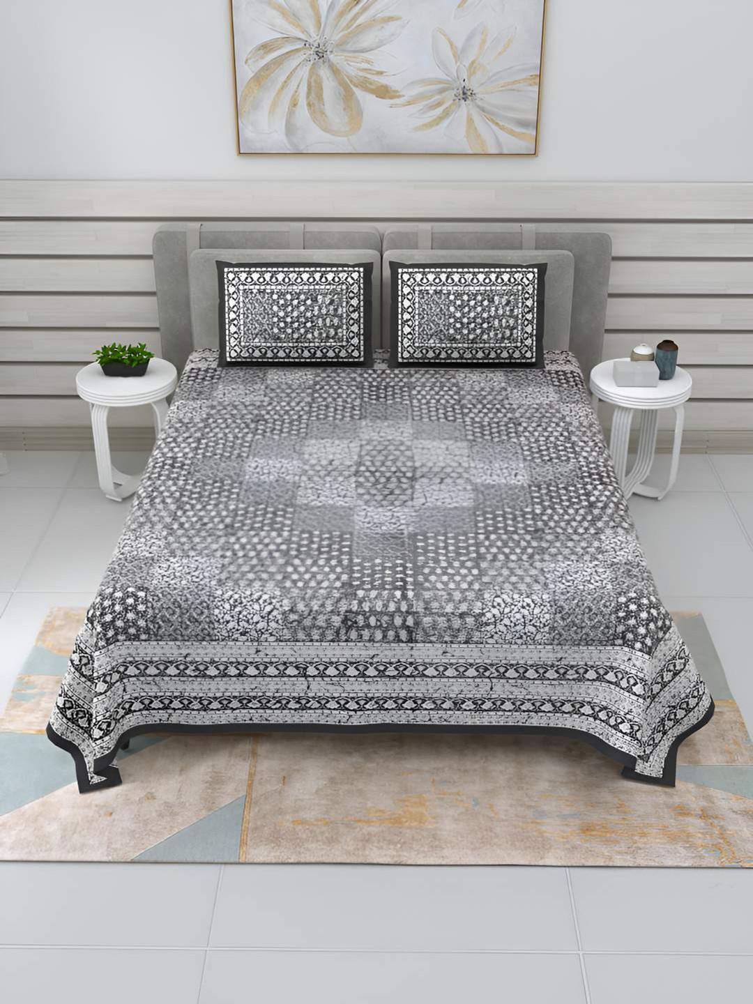 BED-SHEET.COM Jaipuri Grey Graphic Cotton 240 TC King Fine Bedsheet with 2 Pillow Covers-107 x 89 inches