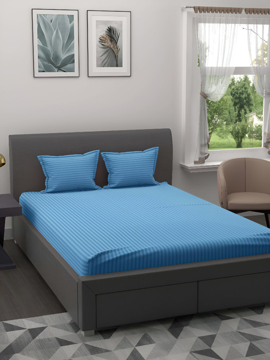 BED-SHEET.COM Blue & White Striped Cotton 144 TC Double King Bedsheet With 2 Pillow Covers