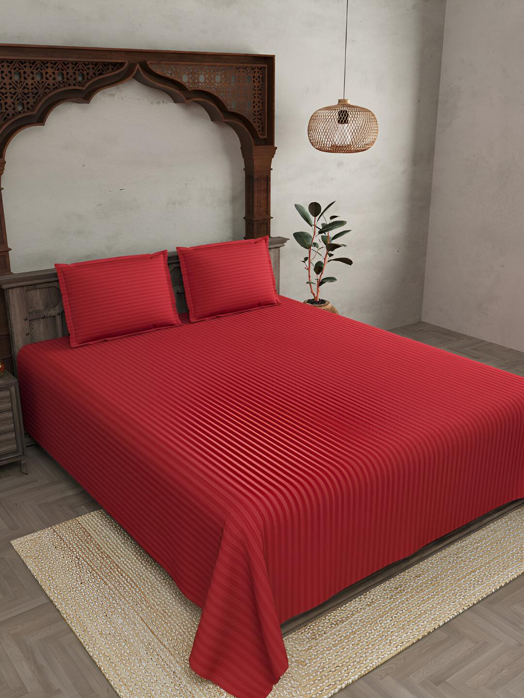 BED-SHEET.COM Red Ethnic Motifs Cotton 300 TC King Bedsheet With 2 Pillow Covers