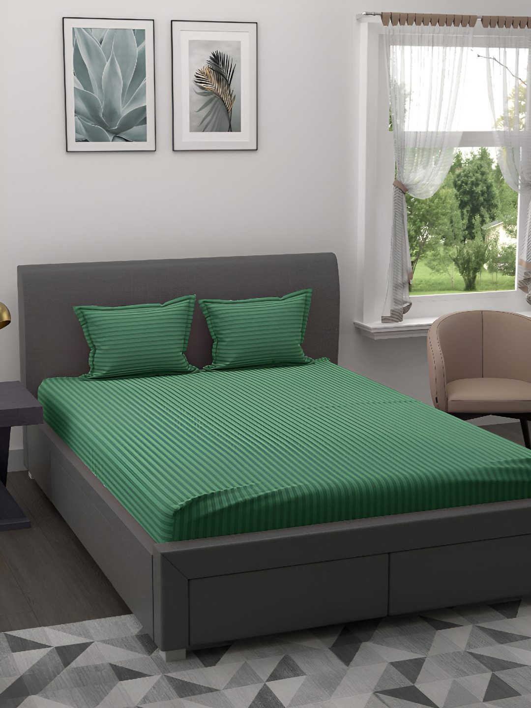BED-SHEET.COM Forest Green Striped Cotton 144 TC King Bedsheet with 2 Pillow Covers-272 x 225 cm