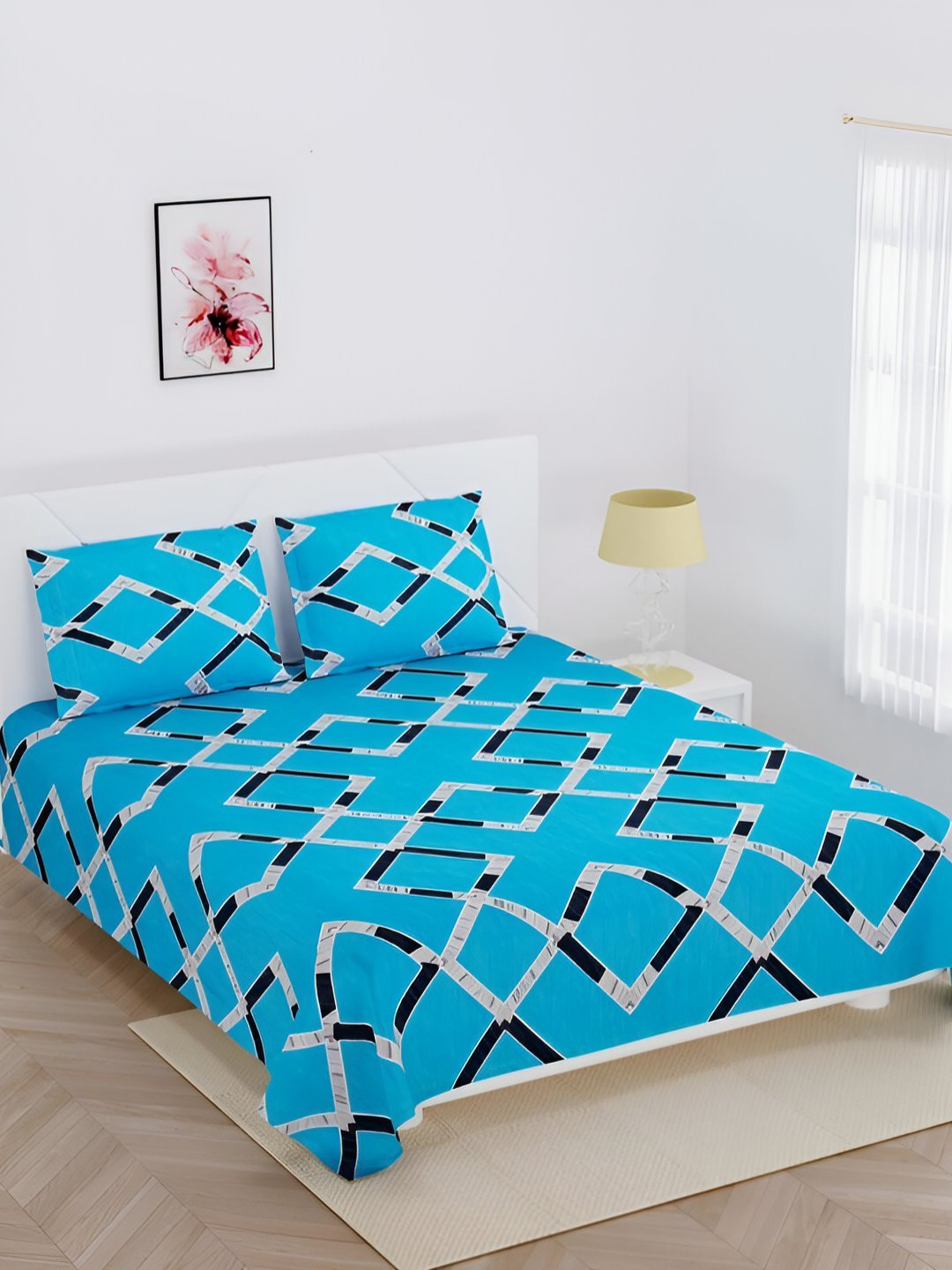 BED-SHEET.COM Blue Geometric Cotton 144 TC King Bedsheet with 2 Pillow Covers-106 x 87 inches