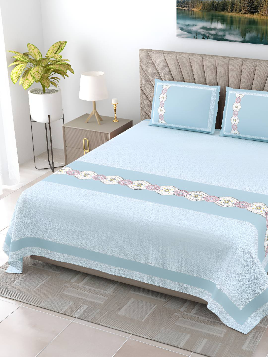 BED-SHEET.COM Oasis Blue Ethnic Motifs Pure Cotton 240 TC King Fine Bedsheet with 2 Pillow Covers-98 x 106 inches