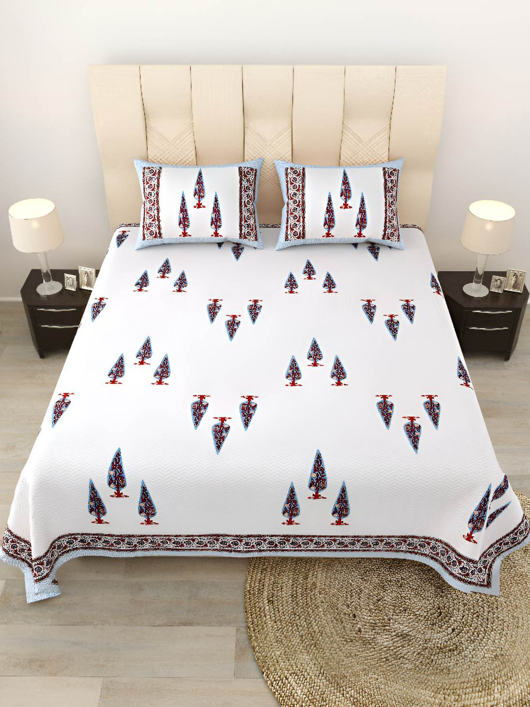 BED-SHEET.COM Elemental Elegance Maroon Ethnic Motifs Pure Cotton 180 TC King Fine Bedsheet with 2 Pillow Covers-272 x 225 cm