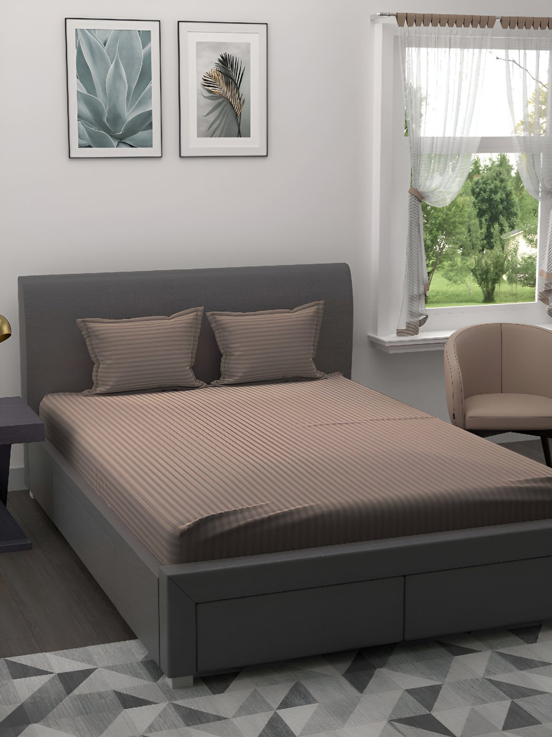 BED-SHEET.COM Brown Striped Cotton 144 TC King Bedsheet With 2 Pillow Covers