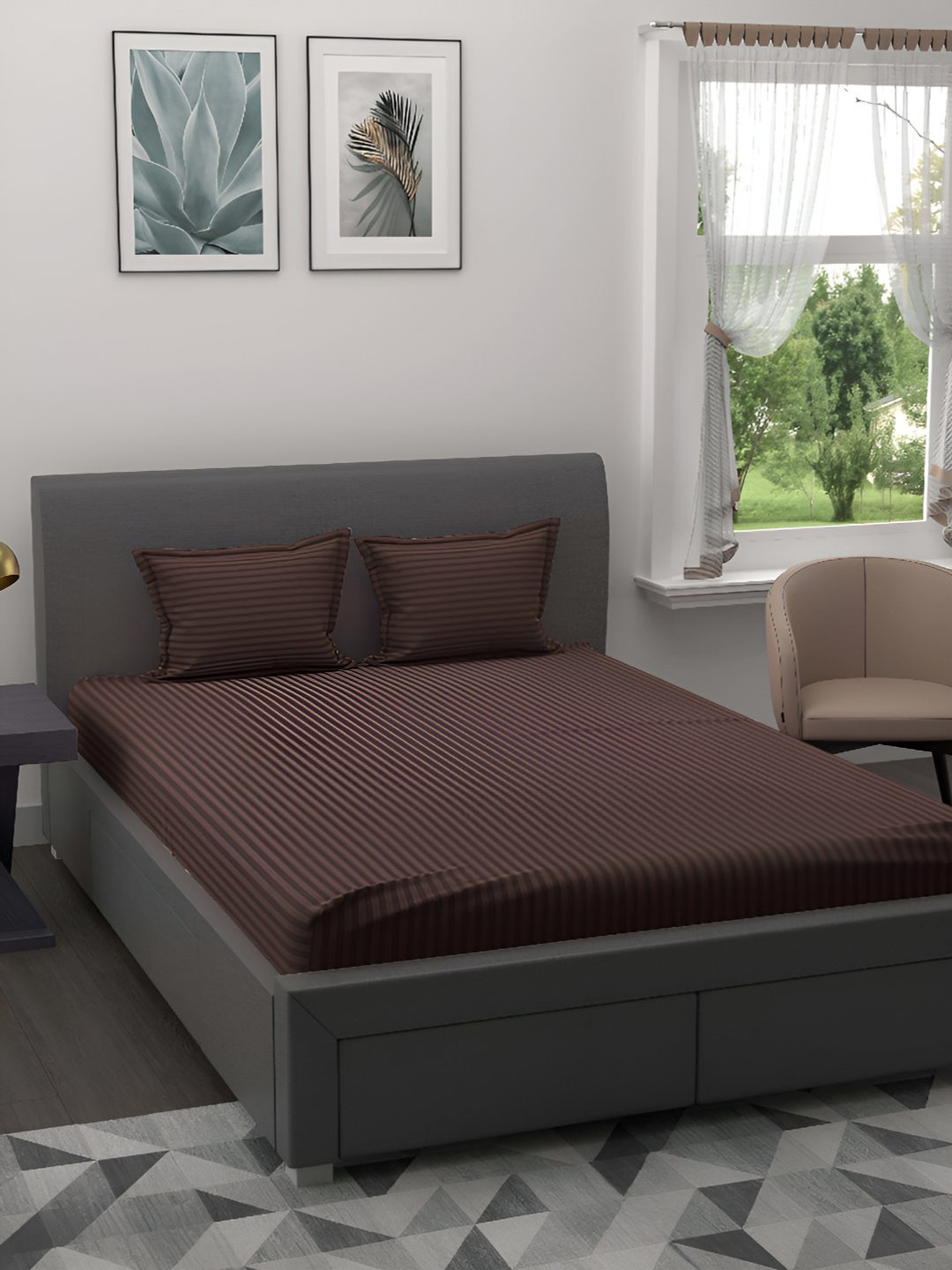 BED-SHEET.COM Brown Striped Cotton 144 TC King Bedsheet with 2 Pillow Covers-107 x 89 inches